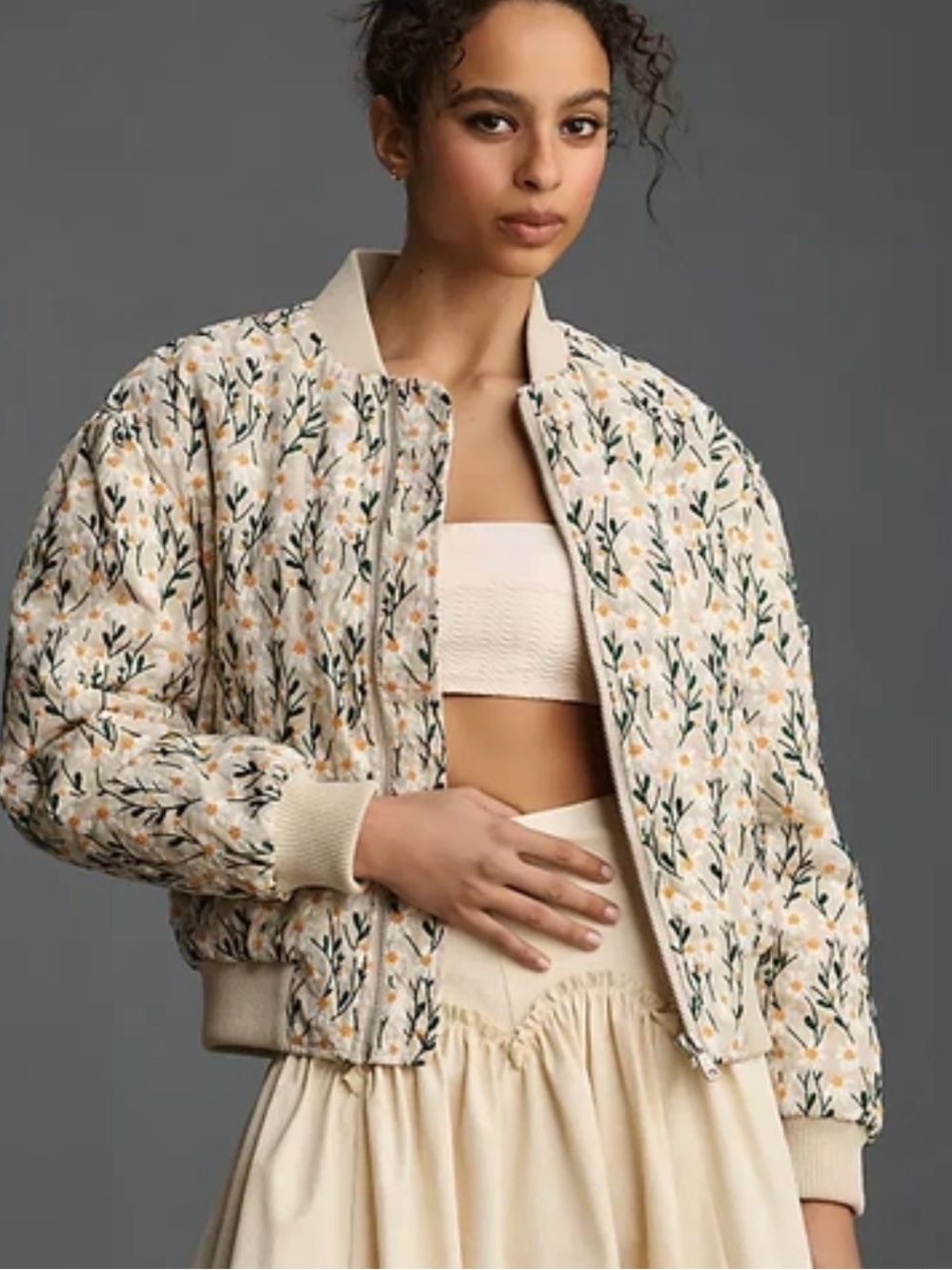 Embroidered Floral Quilted Bomber Jacket Cream Sz M full zip linen cotton